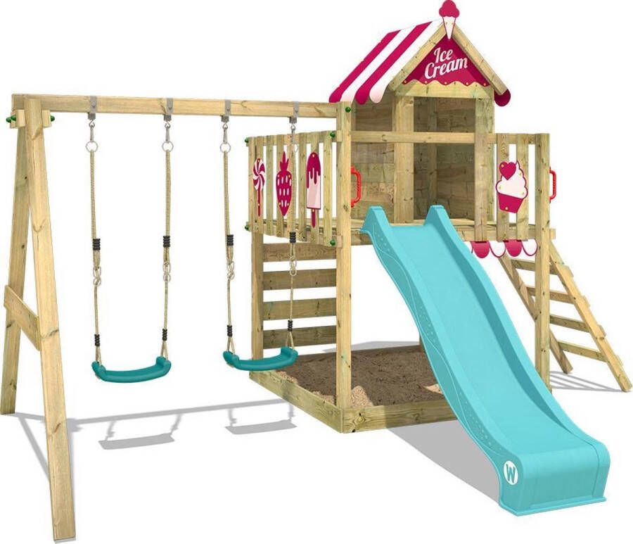 Wickey speeltoestel klimtoestel Smart Candy met schommel roze zeil & turquoise glijbaan outdoor speeltoestel voor kinderen met zandbak ladder & speelaccessoires voor de tuin