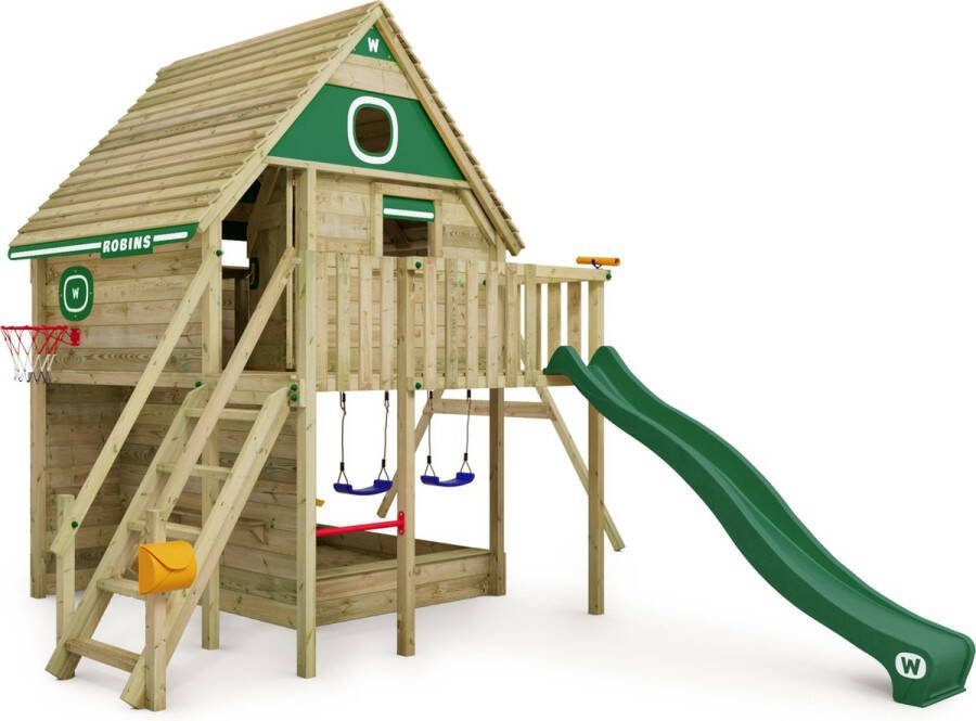 Wickey Smart FamilyHouse Houten huisje op palen met schommel en groene glijbaan