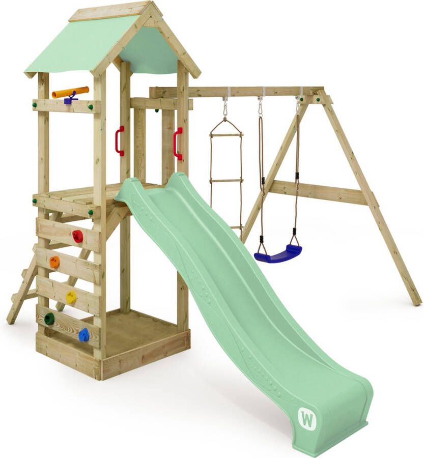 Wickey speeltoestel klimtoestel FreeFlyer met schommel en pastelgroene glijbaan outdoor speeltoestel voor kinderen met zandbak ladder en speelaccessoires voor de tuin