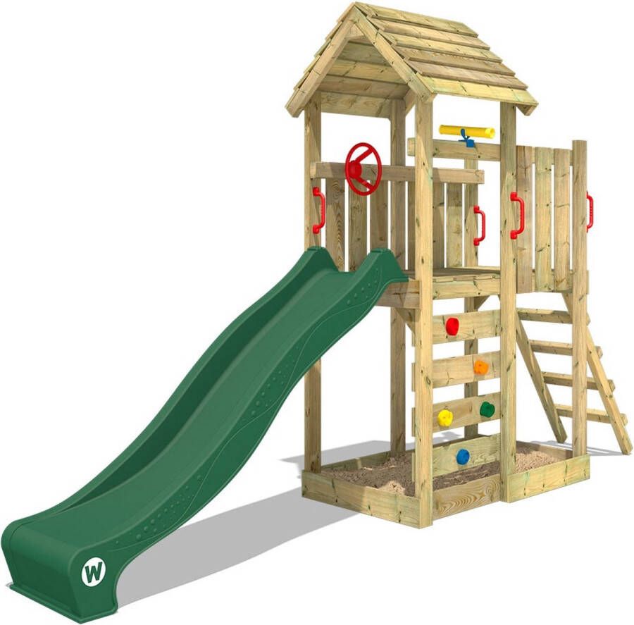 Wickey speeltoestel klimtoestel JoyFlyer met houten dak & groene glijbaan outdoor kinderspeeltoestel met zandbak ladder & speelaccessoires voor de tuin