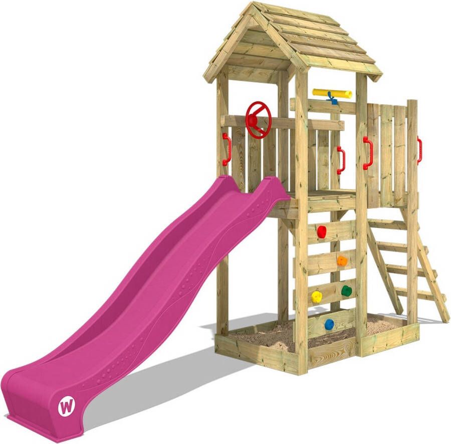Wickey speeltoestel klimtoestel JoyFlyer met houten dak & paarse glijbaan outdoor kinderspeeltoestel met zandbak ladder & speelaccessoires voor de tuin