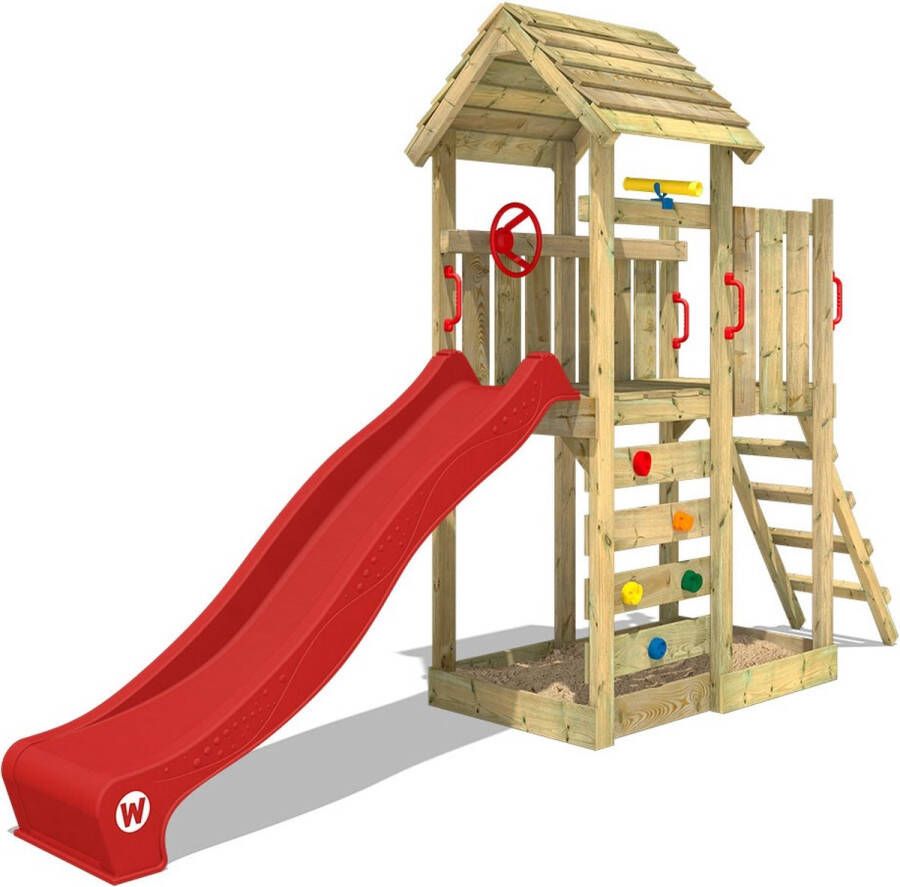 Wickey speeltoestel klimtoestel JoyFlyer met houten dak & rode glijbaan outdoor kinderspeeltoestel met zandbak ladder & speelaccessoires voor de tuin