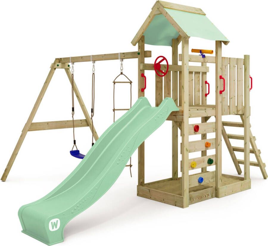 Wickey speeltoestel klimtoestel MultiFlyer met schommel en pastelgroene glijbaan outdoor kinderspeeltoestel met zandbak ladder & speelaccessoires voor de tuin