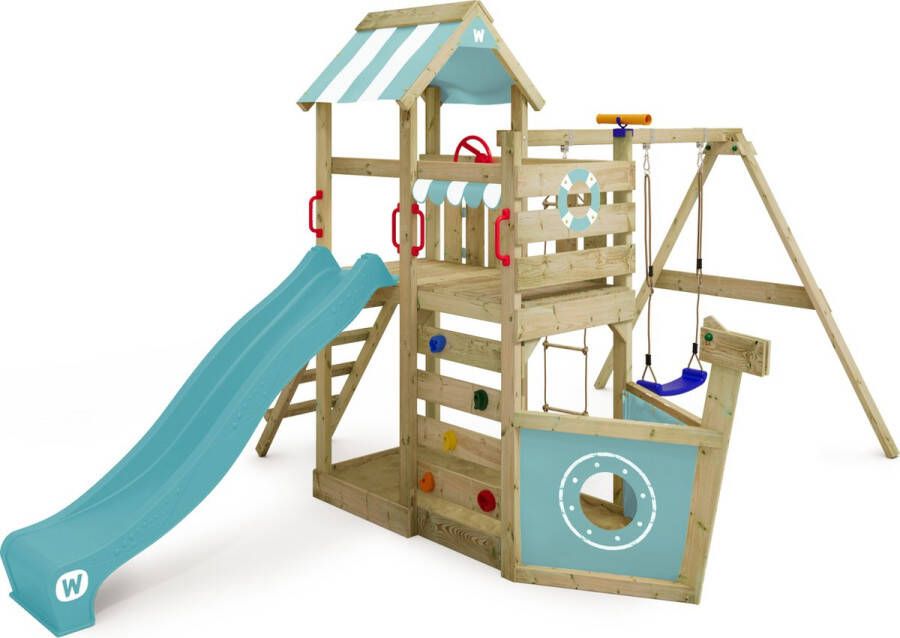 Wickey speeltoestel klimtoestel SeaFlyer met schommel & pastelblauwe glijbaan outdoor klimtoren voor kinderen met zandbak ladder & speelaccessoires voor de tuin