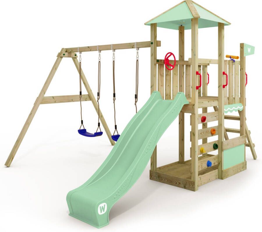 Wickey speeltoestel klimtoestel Smart Savana met schommel & pastelgroene glijbaan outdoor kinderspeeltoestel met zandbak ladder & speelaccessoires voor in de tuin