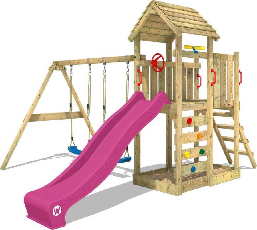 Wickey speeltoestel klimtoestel MultiFlyer met houten dak schommel & paarse glijbaan outdoor klimtoren voor kinderen met zandbak ladder & speel-accessoires voor de tuin