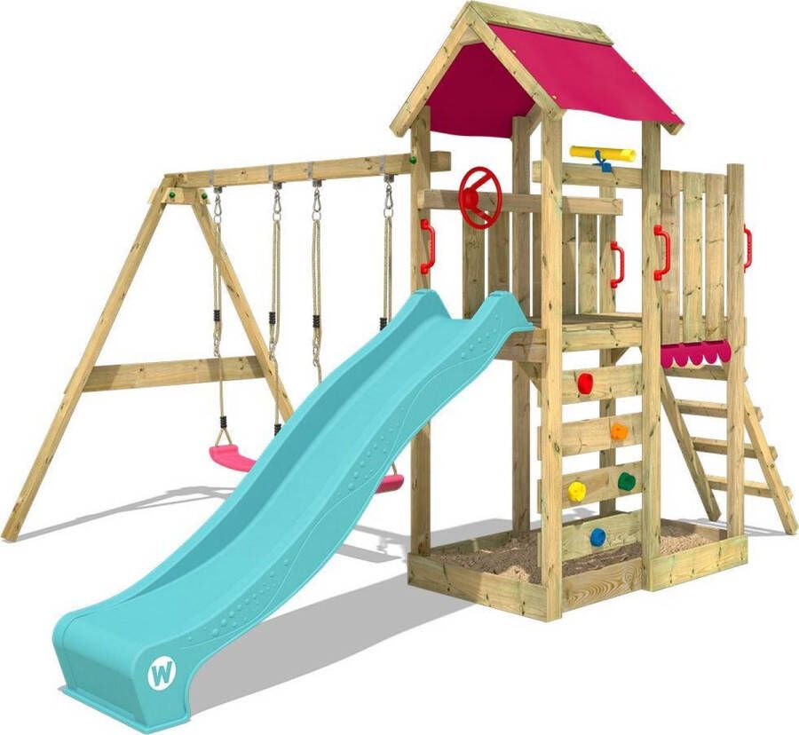 Wickey speeltoestel klimtoestel MultiFlyer met schommel en turquoise glijbaan outdoor kinderspeeltoestel met zandbak ladder & speelaccessoires voor de tuin
