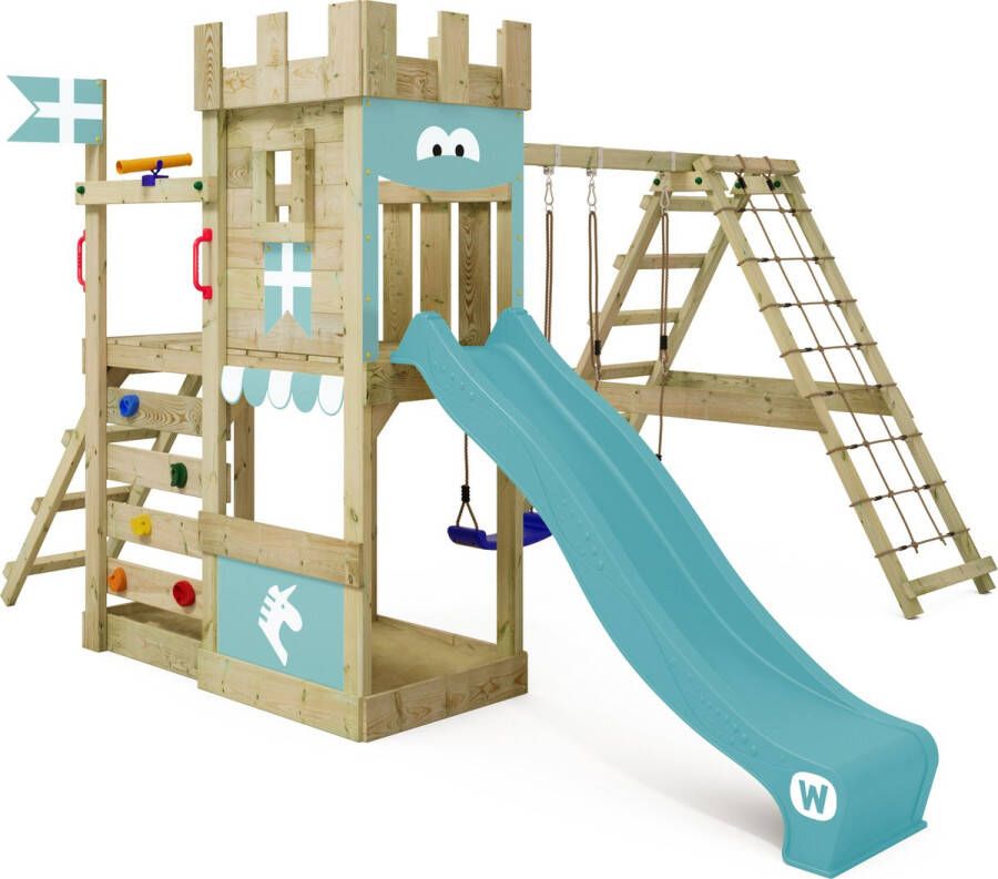 Wickey speeltoestel ridderkasteel DragonFlyer met schommel & pastelblauwe glijbaan outdoor kinderklimtoren met zandbak ladder & speelaccessoires voor de tuin