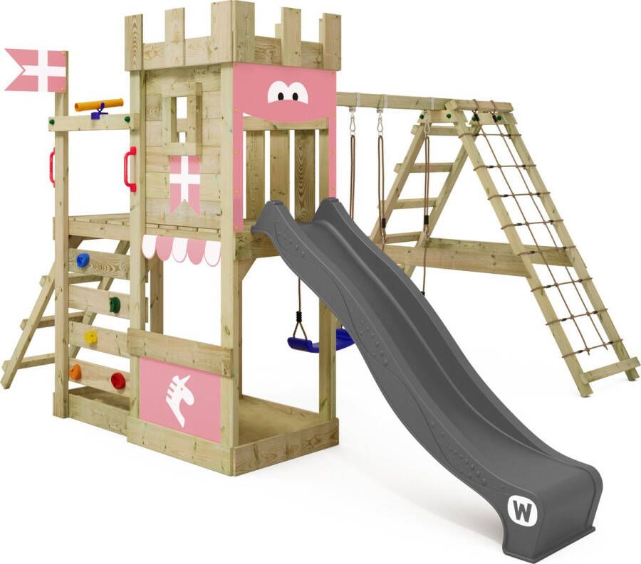 Wickey speeltoestel ridderkasteel DragonFlyer met schommel & pastelroze glijbaan outdoor kinderklimtoren met zandbak ladder & speelaccessoires voor de tuin