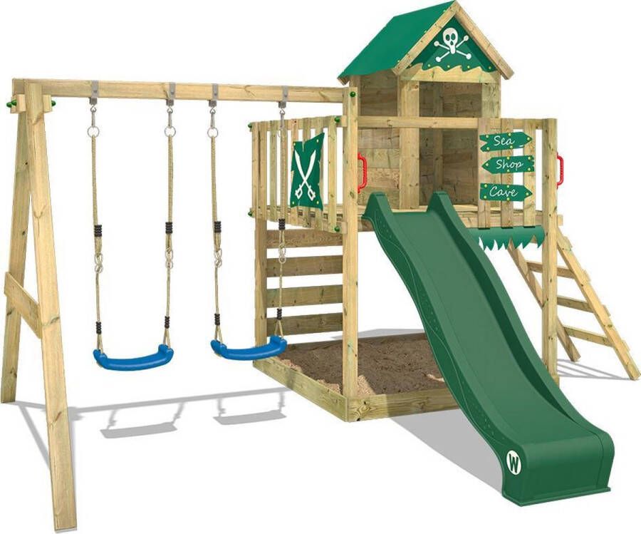 Wickey speeltoestel klimtoestel Smart Cave met schommel & groene glijbaan outdoor klimtoren voor kinderen met zandbak ladder & speelaccessoires voor de tuin
