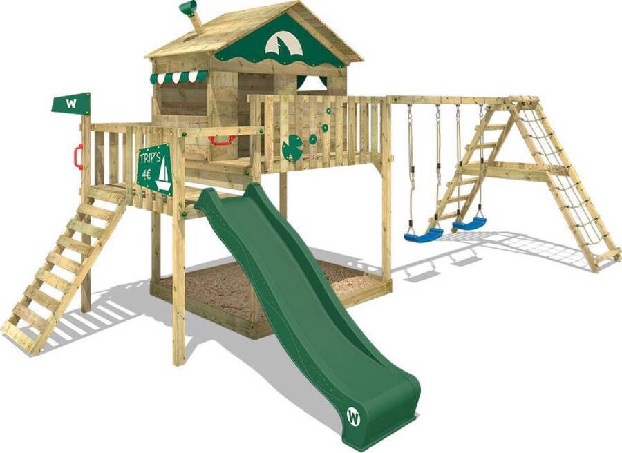 Wickey speeltoestel klimtoestel Smart Ocean met schommel & groene glijbaan outdoor klimtoren voor kinderen met zandbak ladder & speelaccessoires voor de tuin