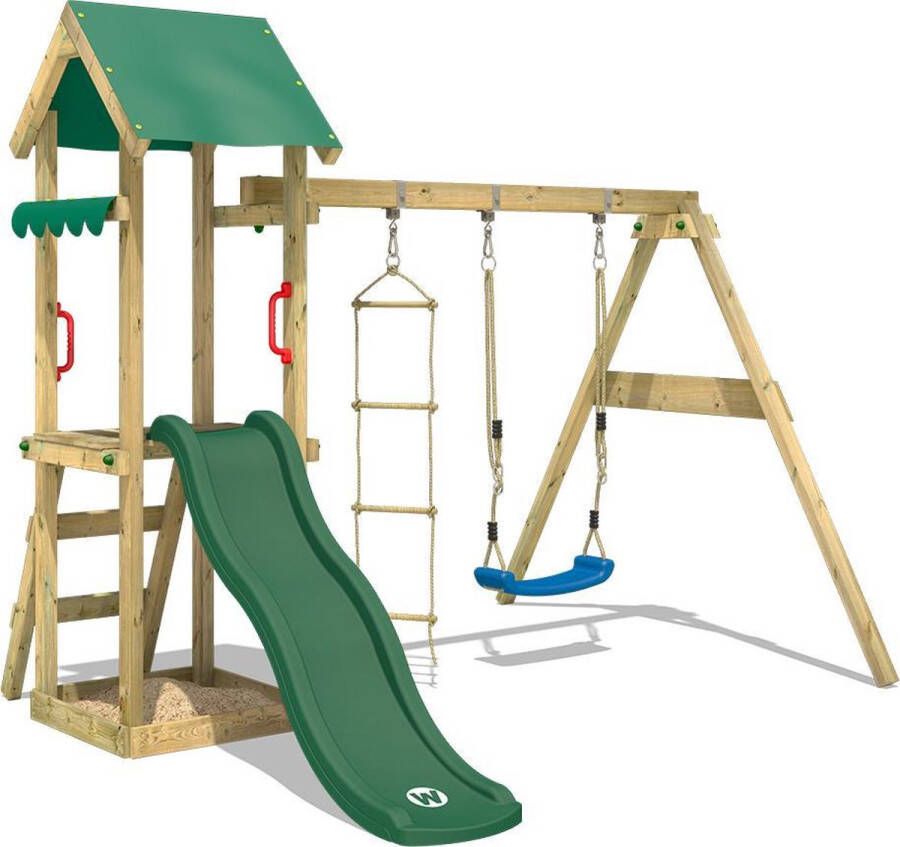 Wickey speeltoestel klimtoestel TinyCabin met schommel & groene glijbaan outdoor klimtoren voor kinderen met zandbak ladder & speelaccessoires voor de tuin