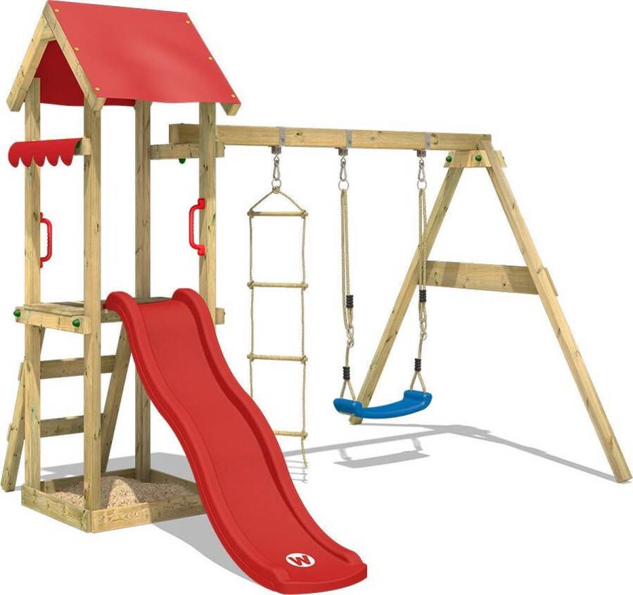 Wickey speeltoestel klimtoestel TinyCabin met schommel & rode glijbaan outdoor klimtoren voor kinderen met zandbak ladder & speelaccessoires voor de tuin