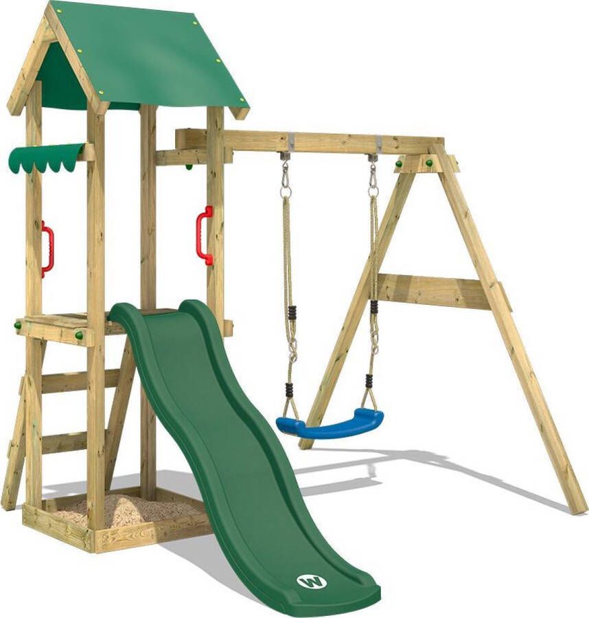 Wickey speeltoestel klimtoestel TinyWave met schommel en groene glijbaan outdoor kinderspeeltoestel met zandbak ladder en speelaccessoires voor de tuin