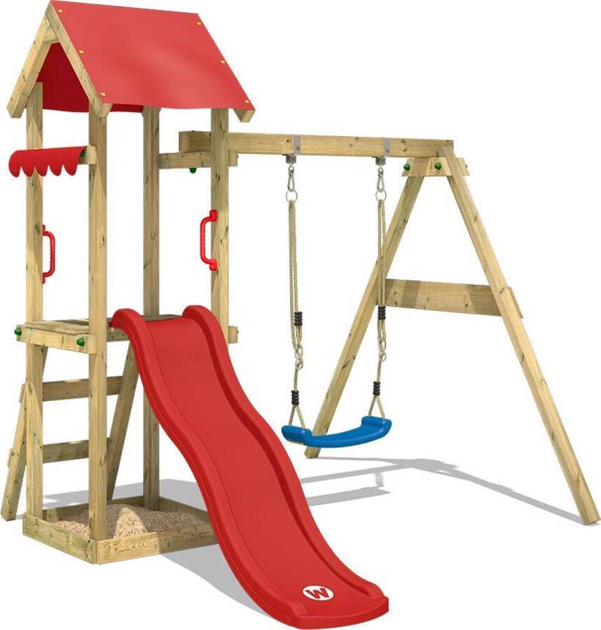 Wickey speeltoestel klimtoestel TinyWave met schommel en rode glijbaan outdoor kinderspeeltoestel met zandbak ladder en speelaccessoires voor de tuin