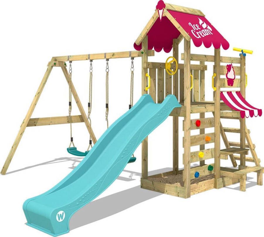 Wickey speeltoestel klimtoestel VanillaFlyer met schommel roze zeil & turquoise glijbaan outdoor kinderspeeltoestel met zandbak ladder & speelaccessoires voor de tuin