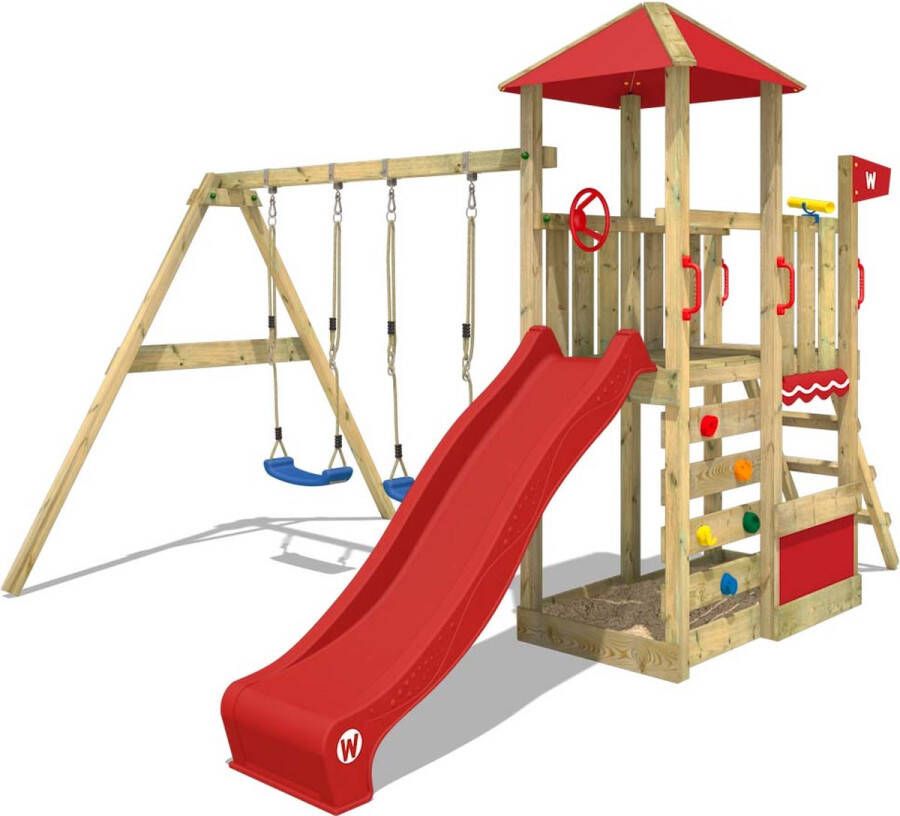 Wickey speeltoestel klimtoestel Smart Savana met schommel & rode glijbaan outdoor kinderspeeltoestel met zandbak ladder & speelaccessoires voor in de tuin
