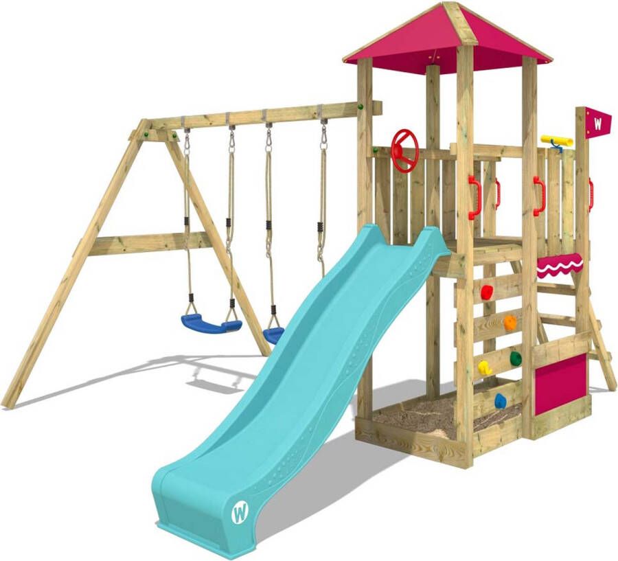 Wickey speeltoestel klimtoestel Smart Savana met schommel & turquoise glijbaan outdoor kinderspeeltoestel met zandbak ladder & speelaccessoires voor in de tuin