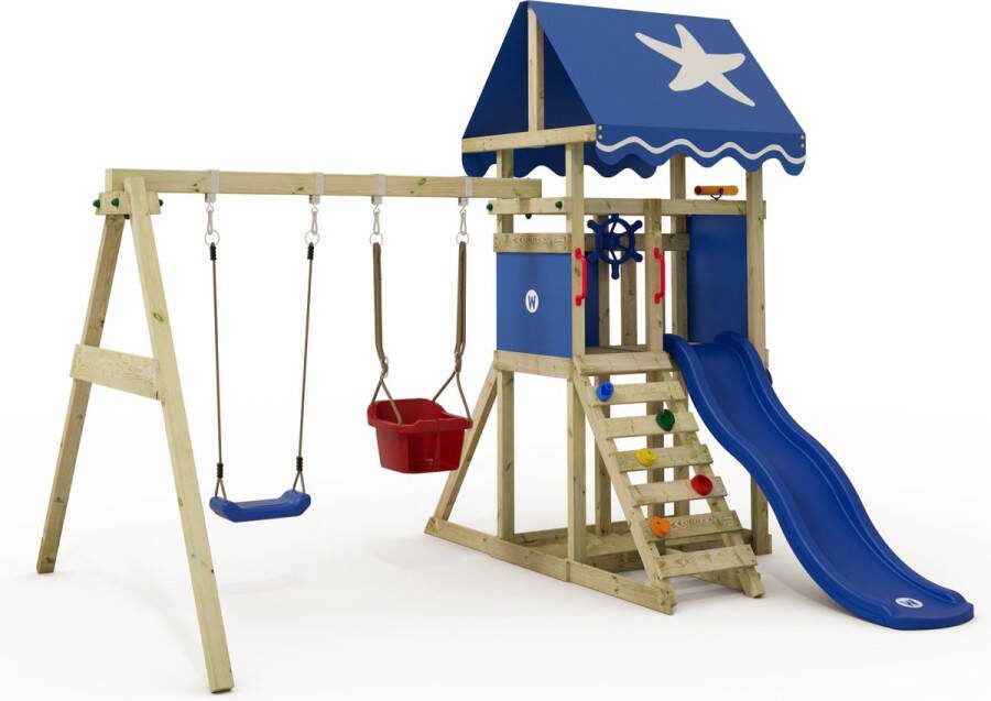 Wickey Speeltoren DinkyStar met schommel blauwe glijbaan klimladder en zandbak