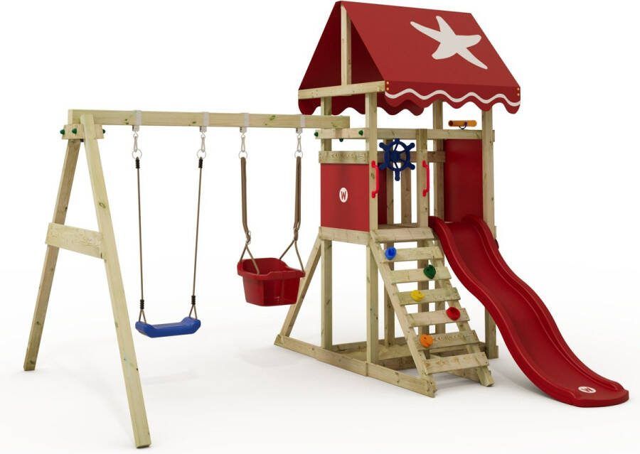 Wickey Speeltoren DinkyStar met schommel rode glijbaan klimladder en zandbak