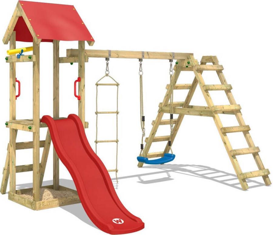 Wickey speeltoestel klimtoestel TinyLoft met schommel & rode glijbaan outdoor klimtoren voor kinderen met zandbak ladder & speelaccessoires voor de tuin