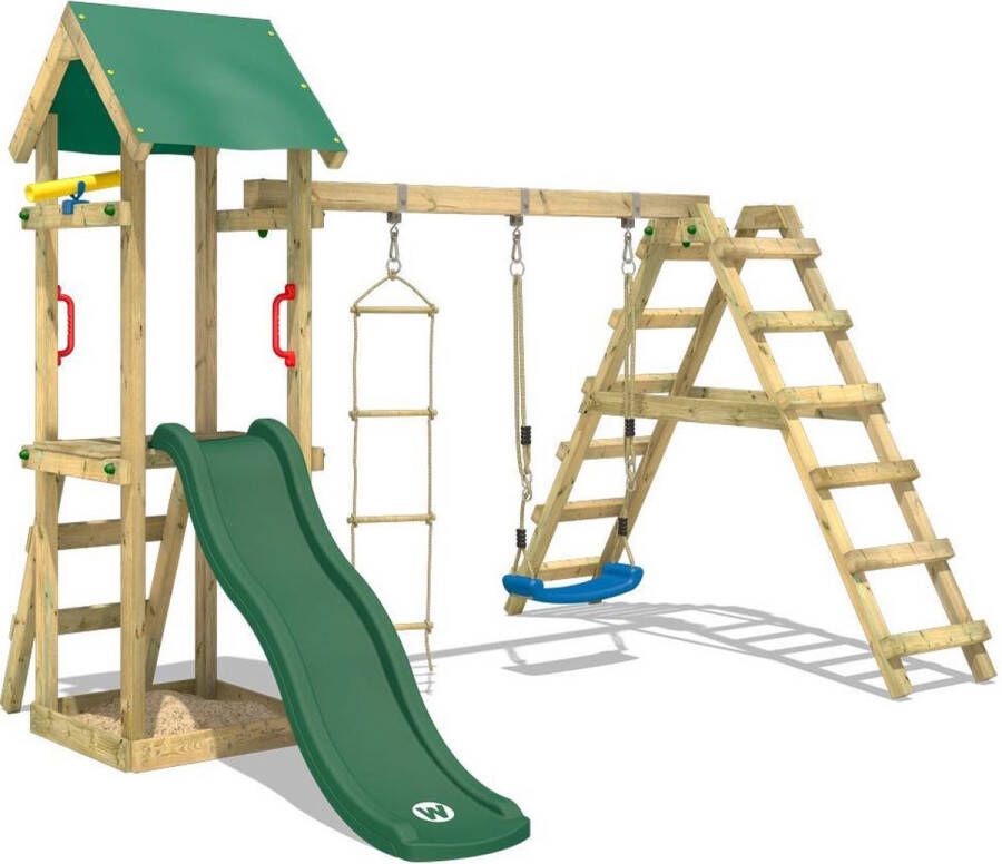 Wickey speeltoestel klimtoestel TinyLoft met schommel & groene glijbaan outdoor klimtoren voor kinderen met zandbak ladder & speelaccessoires voor de tuin