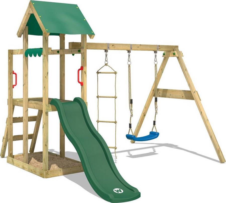 Wickey speeltoestel klimtoestel TinyPlace met schommel en groene glijbaan outdoor speeltoestel voor kinderen met zandbak ladder & speelaccessoires voor de tuin
