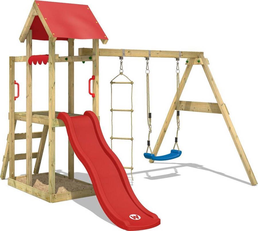 Wickey speeltoestel klimtoestel TinyPlace met schommel en rode glijbaan outdoor speeltoestel voor kinderen met zandbak ladder & speelaccessoires voor de tuin
