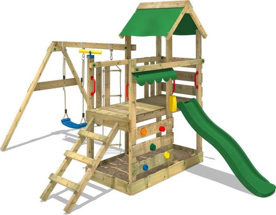 Wickey speeltoestel klimtoestel TurboFlyer met schommel en groene glijbaan outdoor klimtoren voor kinderen met zandbak ladder en speelaccessoires voor de tuin