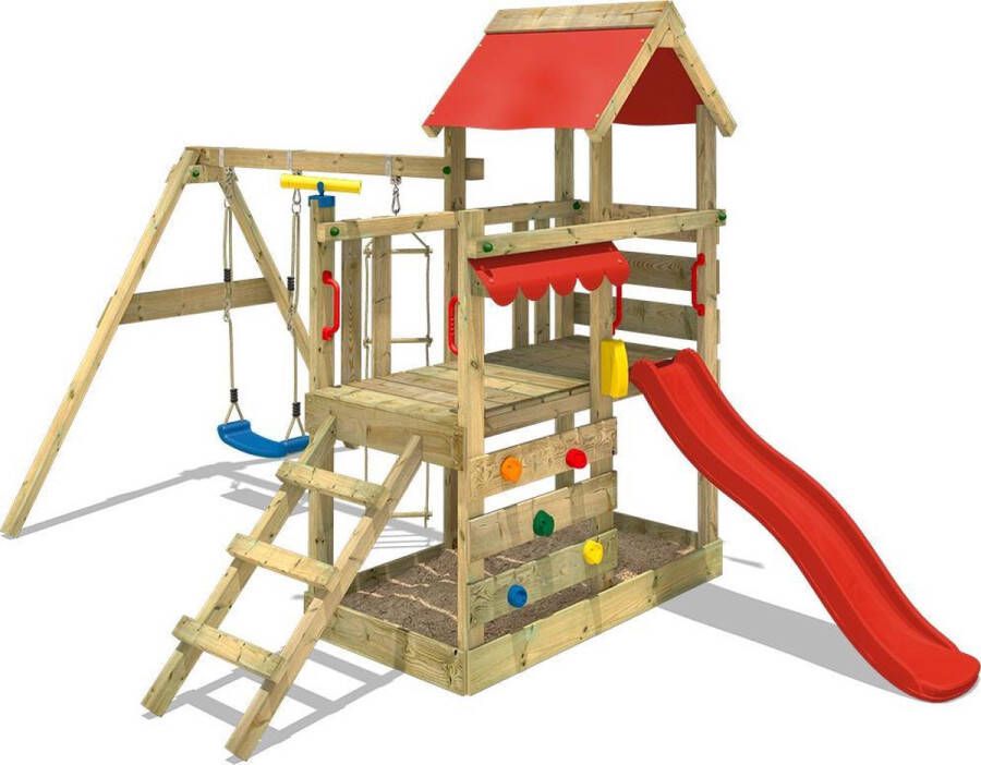 Wickey speeltoestel klimtoestel TurboFlyer met schommel en rode glijbaan outdoor klimtoren voor kinderen met zandbak ladder en speelaccessoires voor de tuin