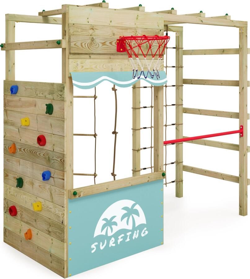 Wickey klimtoestel outdoor speeltoestel Smart Action met pastelblauw zeil speeltoestel met klimwand basketbalring & speelaccessoires voor kinderen in de tuin van hout
