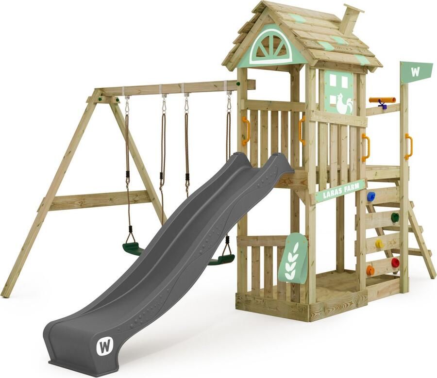 Wickey speeltoestel klimtoestel FarmFlyer met schommel pastelgroen zeil & antracietkleurige glijbaan outdoor klimtoren voor kinderen met zandbak ladder & speelaccessoires voor de tuin