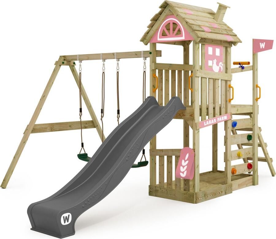Wickey speeltoestel klimtoestel FarmFlyer met schommel pastelroze zeil & antracietkleurige glijbaan outdoor klimtoren voor kinderen met zandbak ladder & speelaccessoires voor de tuin