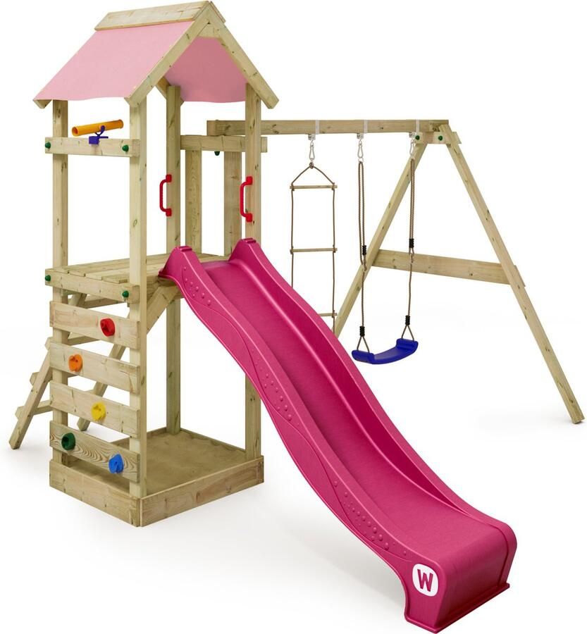 Wickey speeltoestel klimtoestel FreeFlyer met schommel en pastelroze glijbaan outdoor speeltoestel voor kinderen met zandbak ladder en speelaccessoires voor de tuin