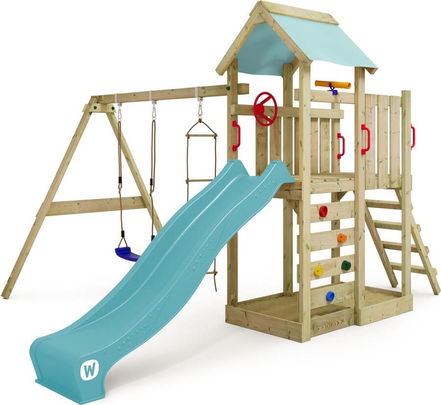 Wickey speeltoestel klimtoestel MultiFlyer met schommel en pastelblauwe glijbaan outdoor kinderspeeltoestel met zandbak ladder & speelaccessoires voor de tuin