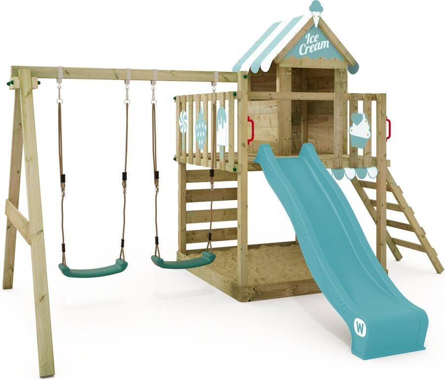 Wickey speeltoestel klimtoestel Smart Candy met schommel pastelblauw zeil & glijbaan outdoor speeltoestel voor kinderen met zandbak ladder & speelaccessoires voor de tuin