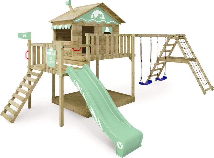 Wickey speeltoestel klimtoestel Smart Ocean met schommel & pastelgroene glijbaan outdoor klimtoren voor kinderen met zandbak ladder & speelaccessoires voor de tuin