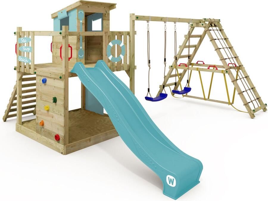 Wickey speeltoestel klimtoestel Smart Surf met schommel & pastelblauwe glijbaan outdoor klimtoren voor kinderen met zandbak ladder & speelaccessoires voor de tuin