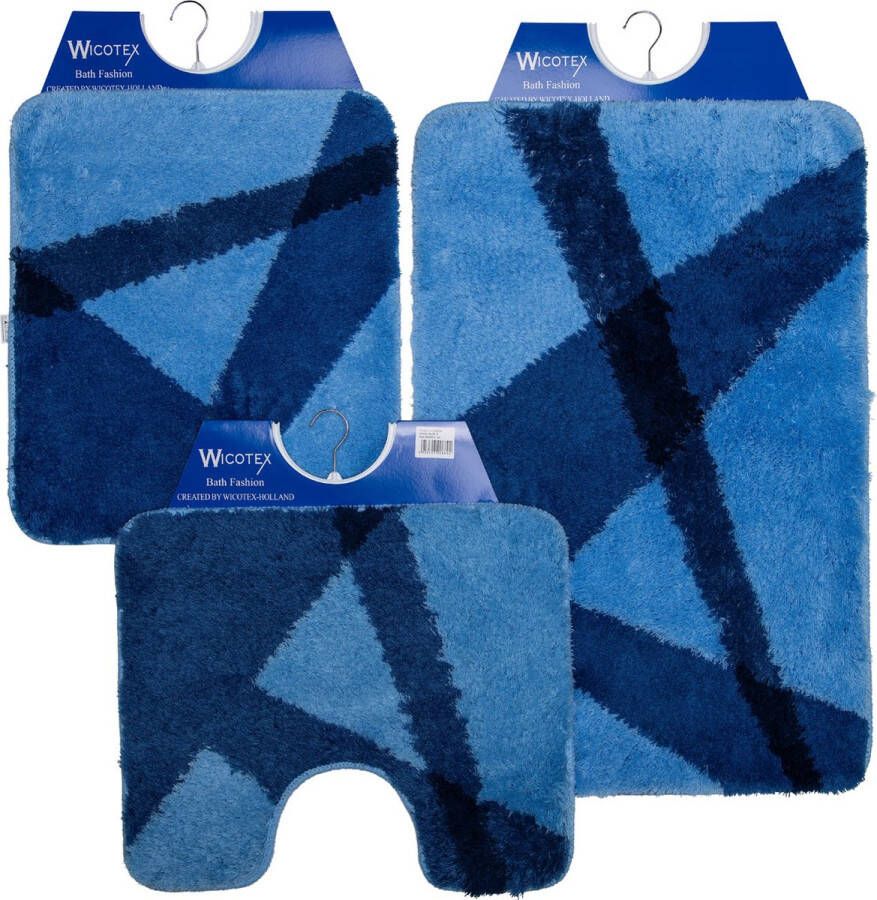 Wicotex Badmat set Badmat Toiletmat -Bidetmat Blauw gestreept Antislip onderkant WC mat met uitsparing