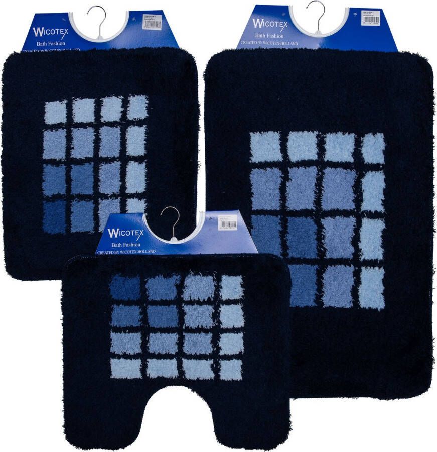 Wicotex -Badmat-set-Badmat-Toiletmat-Bidetmat blauwe rand geblokt-Antislip onderkant-WC mat-met uitsparing