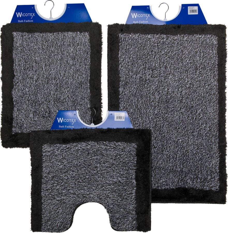 Wicotex -Badmat-set-Badmat-Toiletmat-Bidetmat grijs met zwarte rand-Antislip onderkant-WC mat-met uitsparing