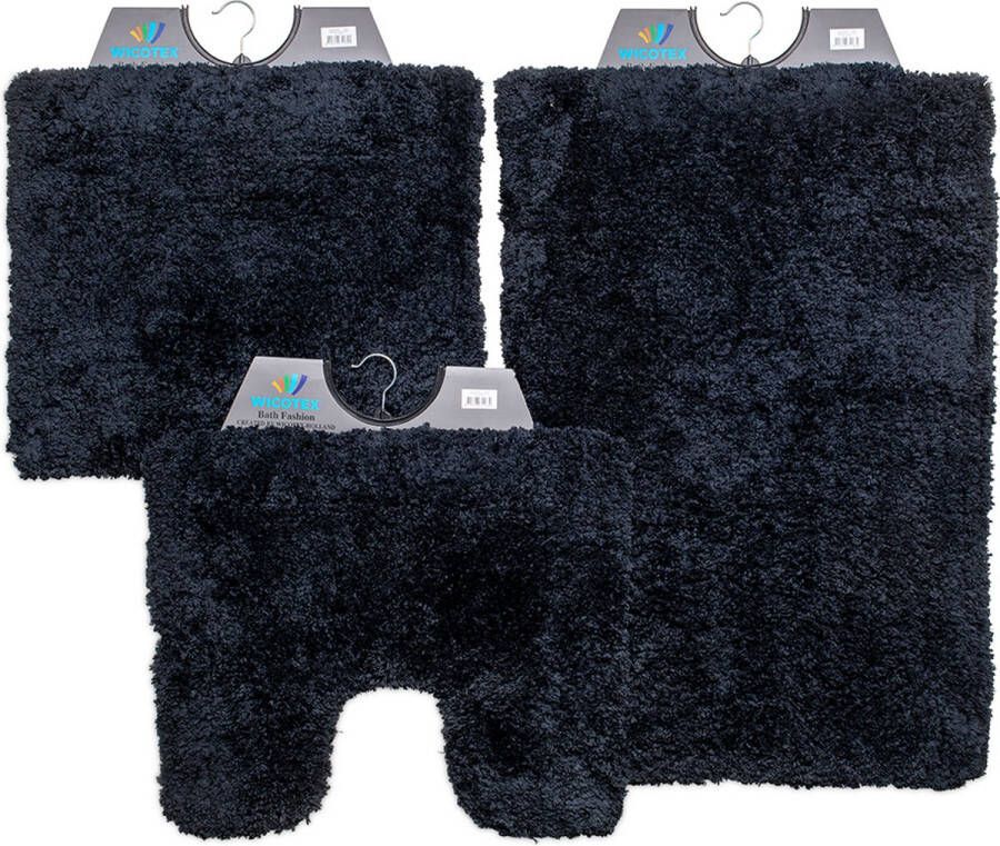 Wicotex -Badmat-set-Badmat-Toiletmat-Bidetmat Pure zwart-Antislip onderkant-WC mat-met uitsparing