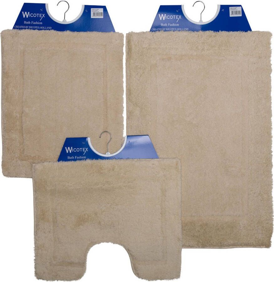 Wicotex -Badmat-set-Badmat-Toiletmat-Bidetmat uni beige-Antislip onderkant-WC mat-met uitsparing