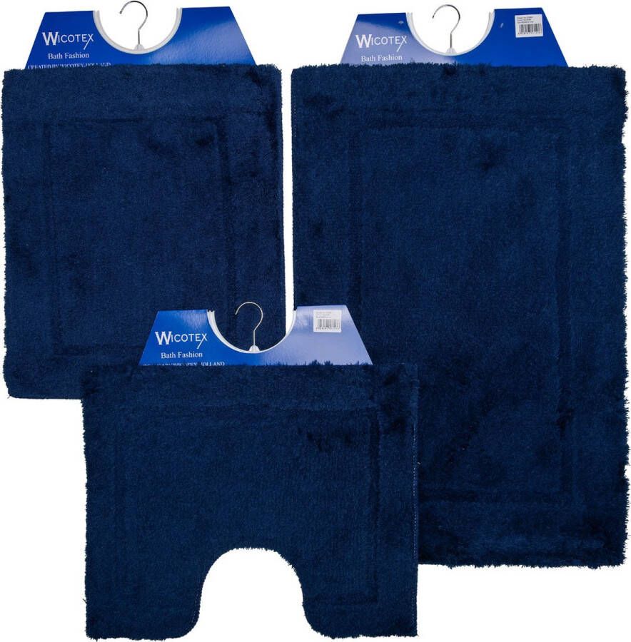 Wicotex -Badmat-set-Badmat-Toiletmat-Bidetmat uni blauw-Antislip onderkant-WC mat-met uitsparing