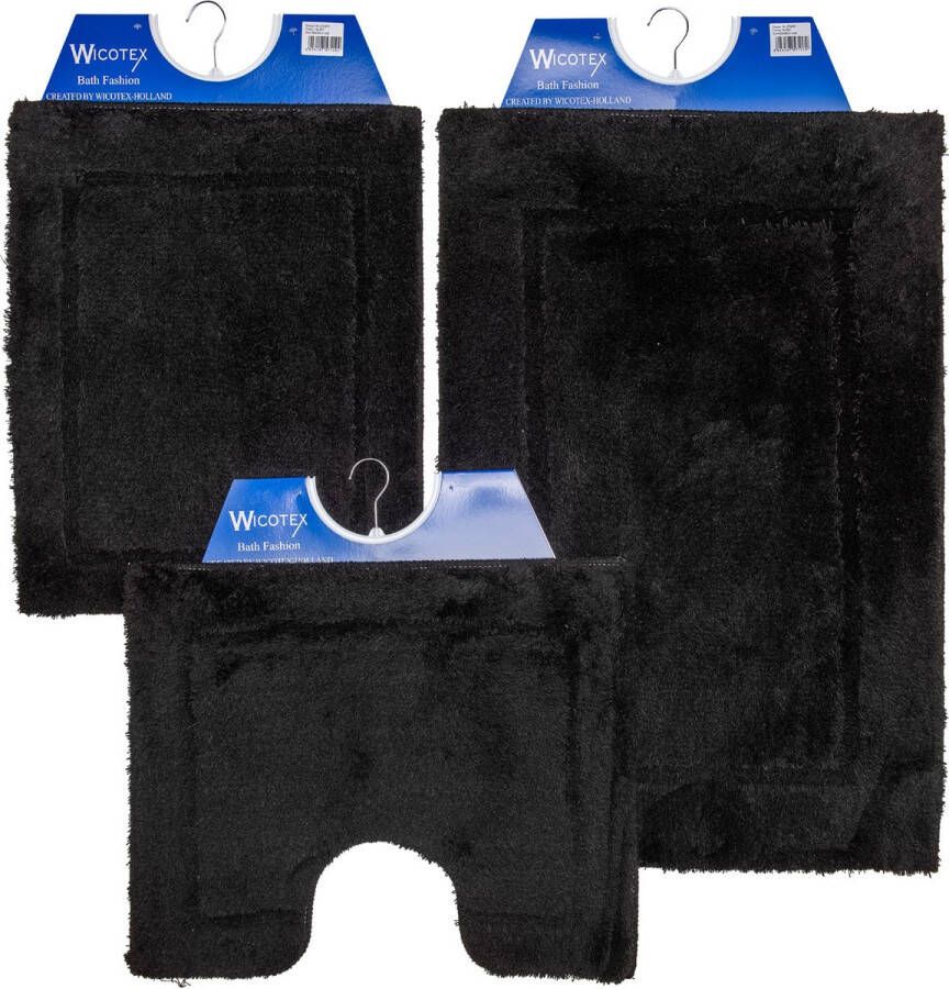 Wicotex -Badmat-set-Badmat-Toiletmat-Bidetmat uni zwart-Antislip onderkant-WC mat-met uitsparing