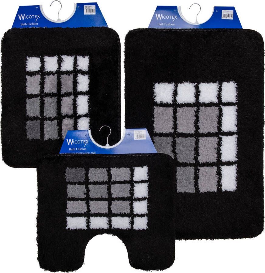 Wicotex -Badmat-set-Badmat-Toiletmat-Bidetmat zwarte rand geblokt-Antislip onderkant-WC mat-met uitsparing