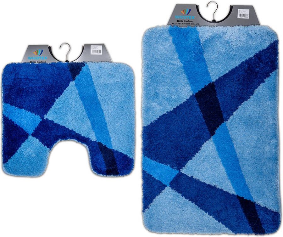 Wicotex -Badmat set met Toiletmat-WC mat-met uitsparing blauw gestreept-Antislip onderkant