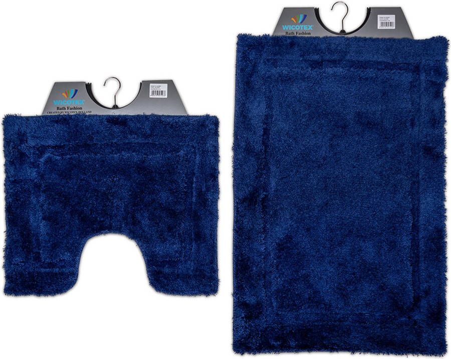 Wicotex -Badmat set met Toiletmat-WC mat-met uitsparing blauw uni-Antislip onderkant