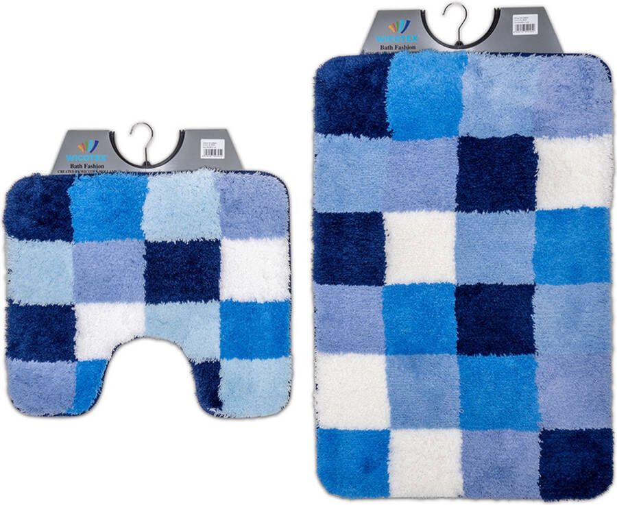 Wicotex -Badmat set met Toiletmat-WC mat-met uitsparing blauw wit geblokt-Antislip onderkant