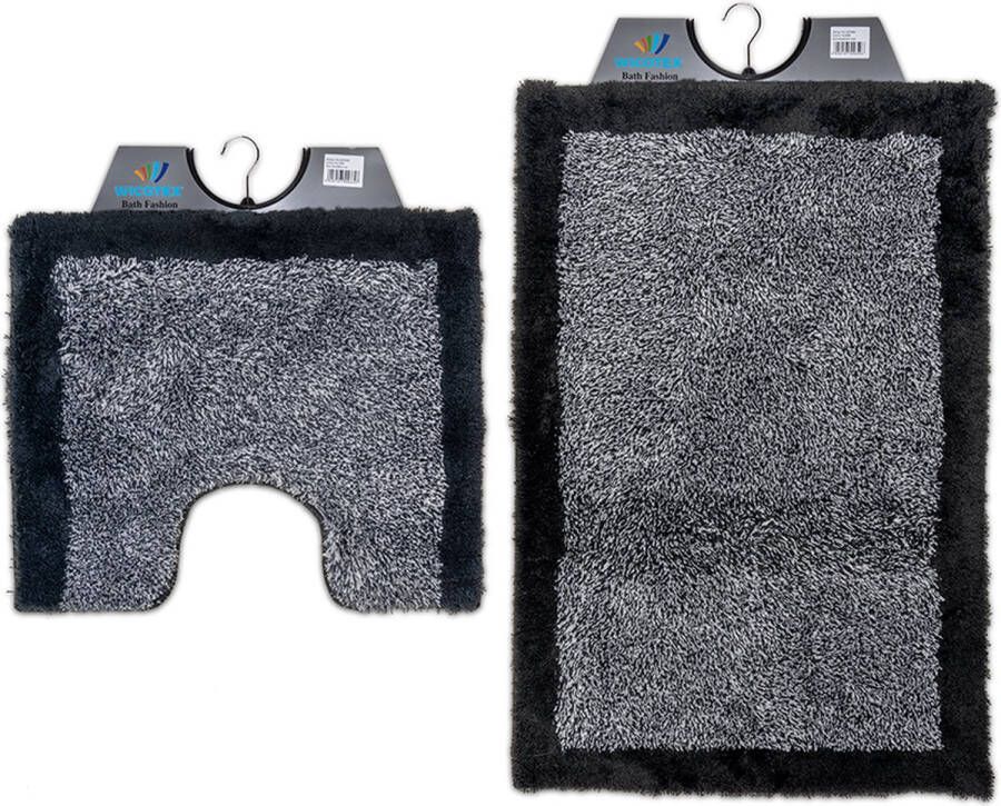 Wicotex -Badmat set met Toiletmat-WC mat-met uitsparing grijs met zwarte rand-Antislip onderkant